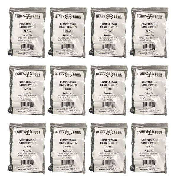 Compressed Disposable Hand Towels by Ready Hour (Twelve 12-packs, 144 towels total)